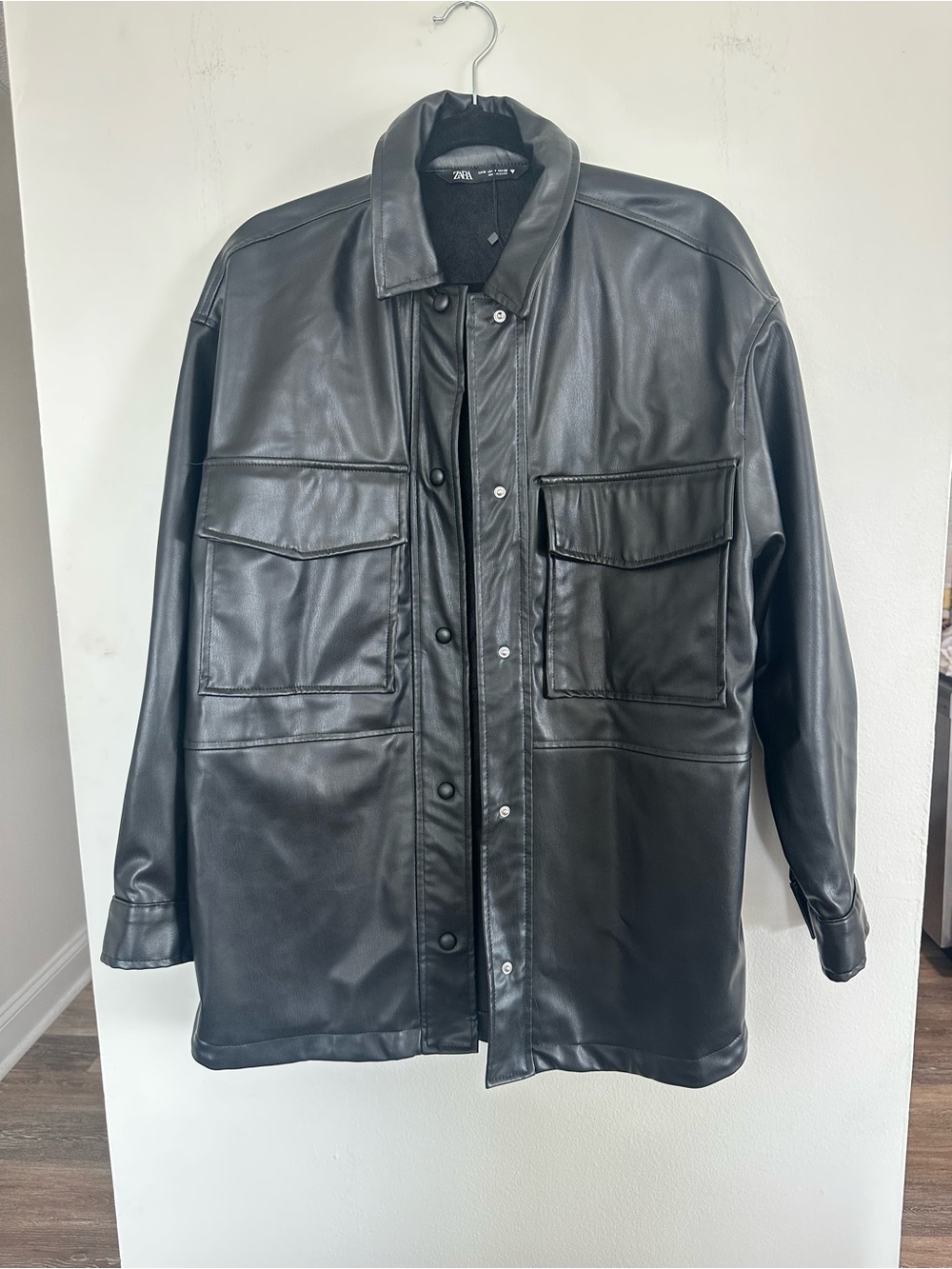 Zara Black Faux Leather Overshirt Jacket Minimalist Utility Button Front Coat M